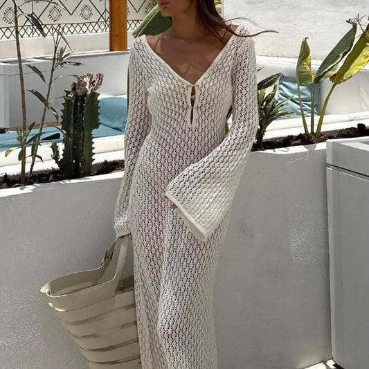 Sexy Women Long Knit Beach Dress Hollow-Out Deep V-Neck Long Sleeve Bikini Cover-Ups Dress Fall Backless Holiday Dress